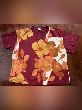 TINY Women’s Floral Lace-Sleeve Top in Burgundy and Mustard